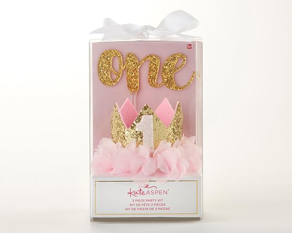 Pink and Gold 1st Birthday Banner, Crown, and Cake Topper Set