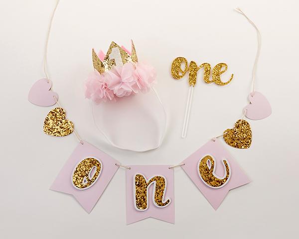 Pink and Gold 1st Birthday Banner, Crown, and Cake Topper Set