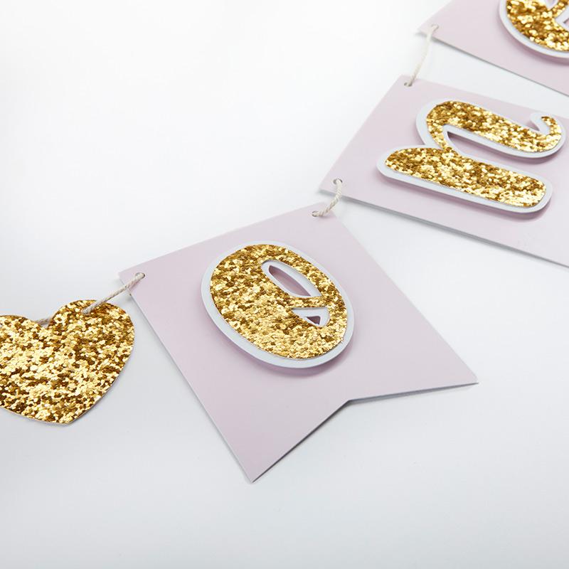 Pink and Gold 1st Birthday Banner, Crown, and Cake Topper Set