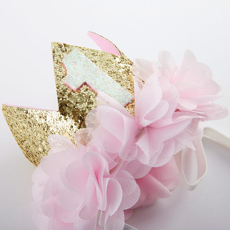 Pink and Gold 1st Birthday Banner, Crown, and Cake Topper Set