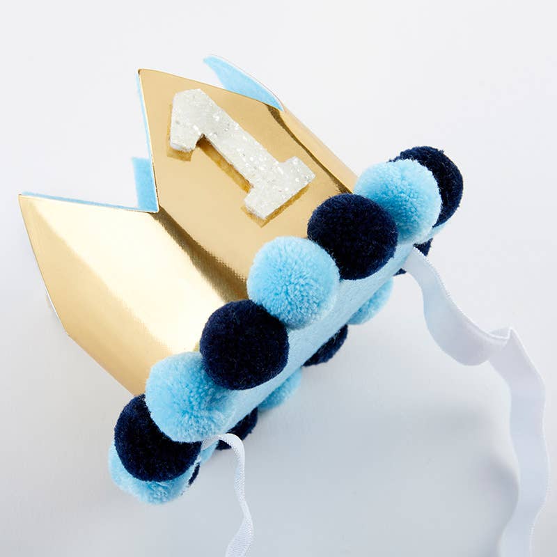 Blue & Gold 1st Birthday Banner, Crown, and Cake Topper Set