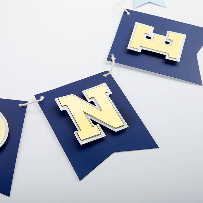 Blue & Gold 1st Birthday Banner, Crown, and Cake Topper Set