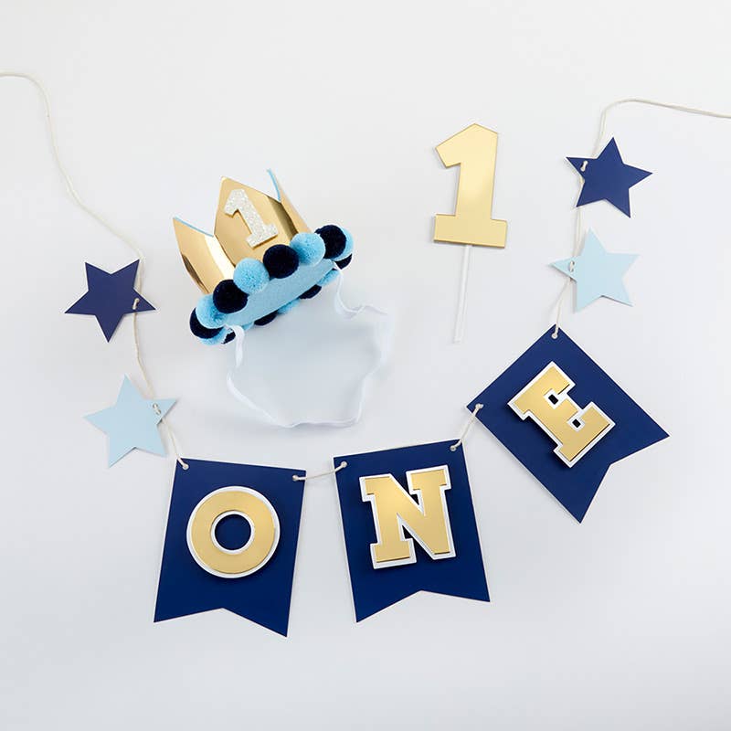 Blue & Gold 1st Birthday Banner, Crown, and Cake Topper Set