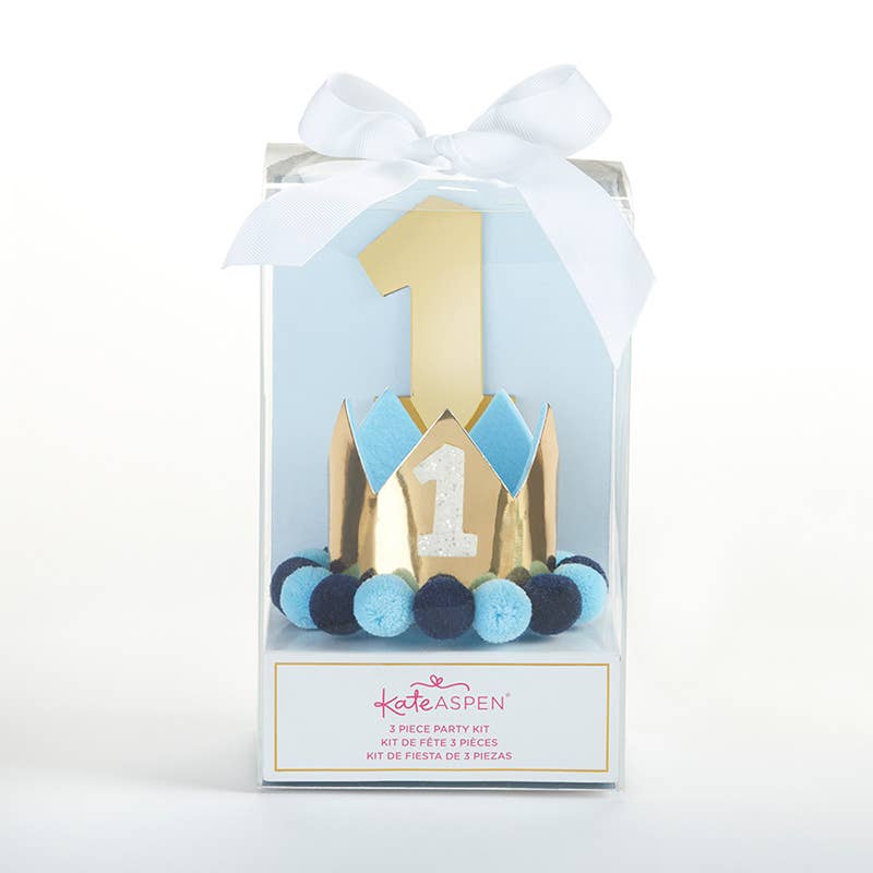 Blue & Gold 1st Birthday Banner, Crown, and Cake Topper Set