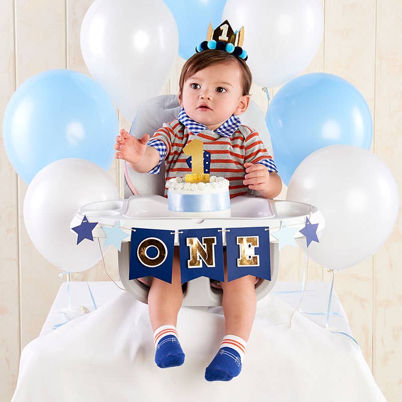 Blue & Gold 1st Birthday Banner, Crown, and Cake Topper Set