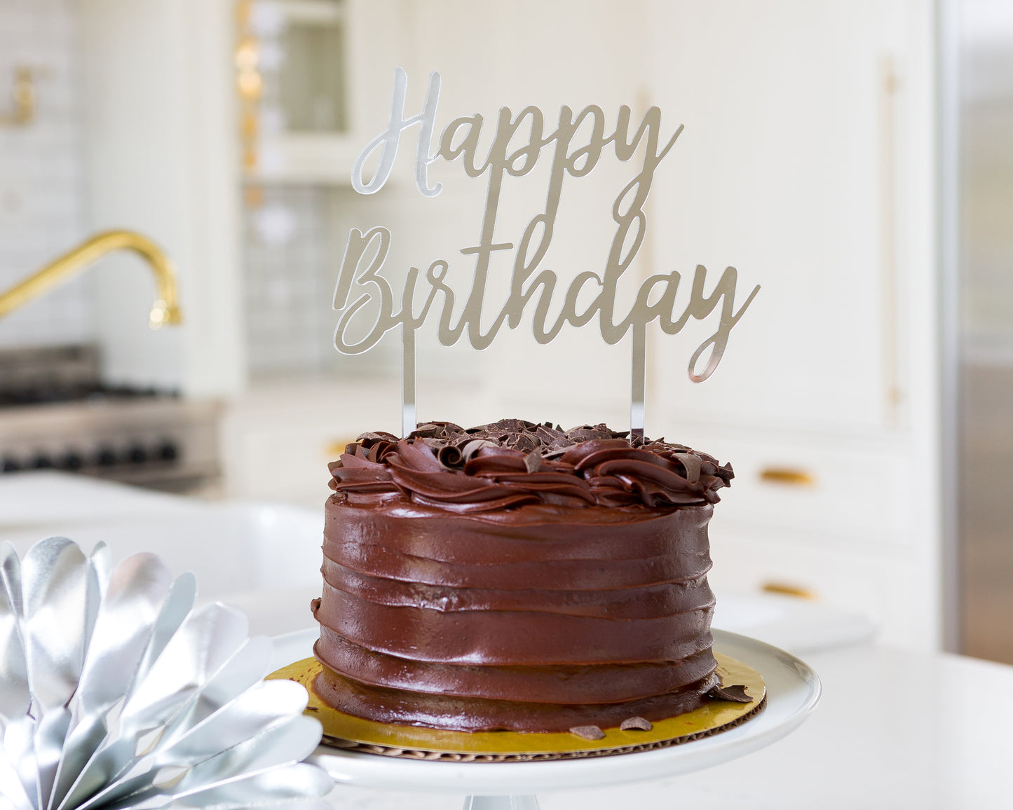 Happy Birthday Cake Topper in Silver