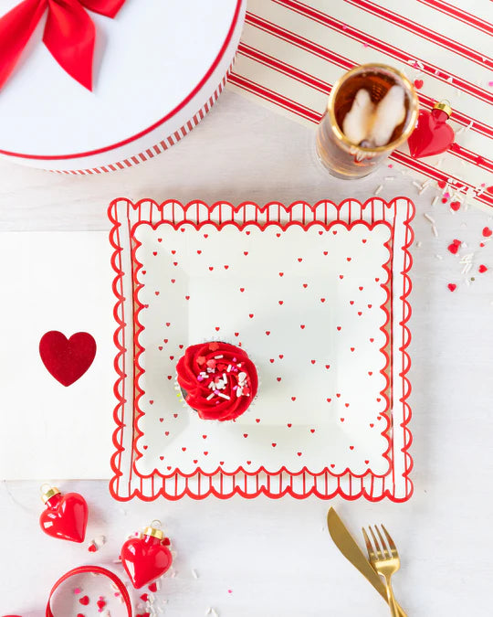 Red Scattered Hearts Scalloped Square Plate (8 Count)