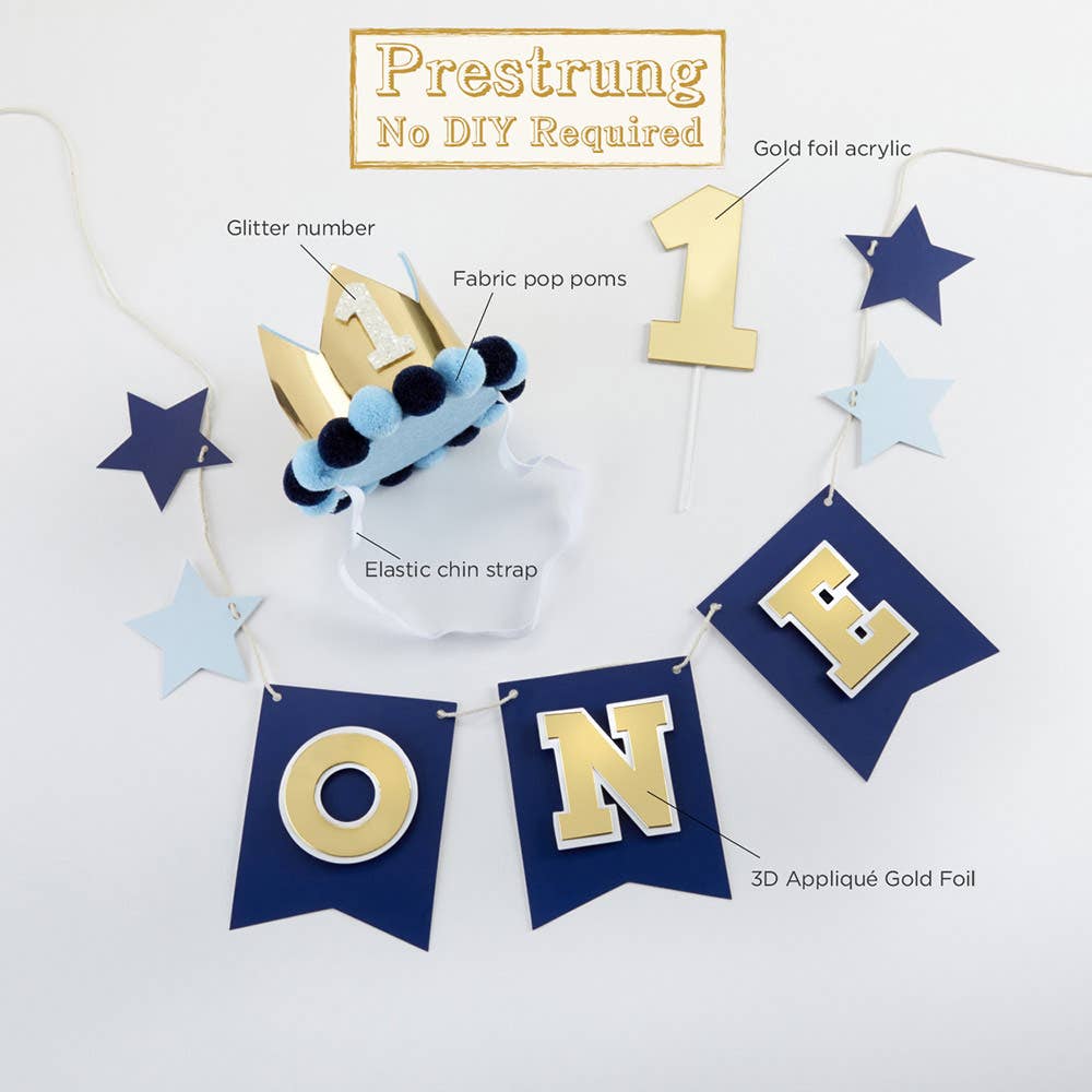 Blue & Gold 1st Birthday Banner, Crown, and Cake Topper Set