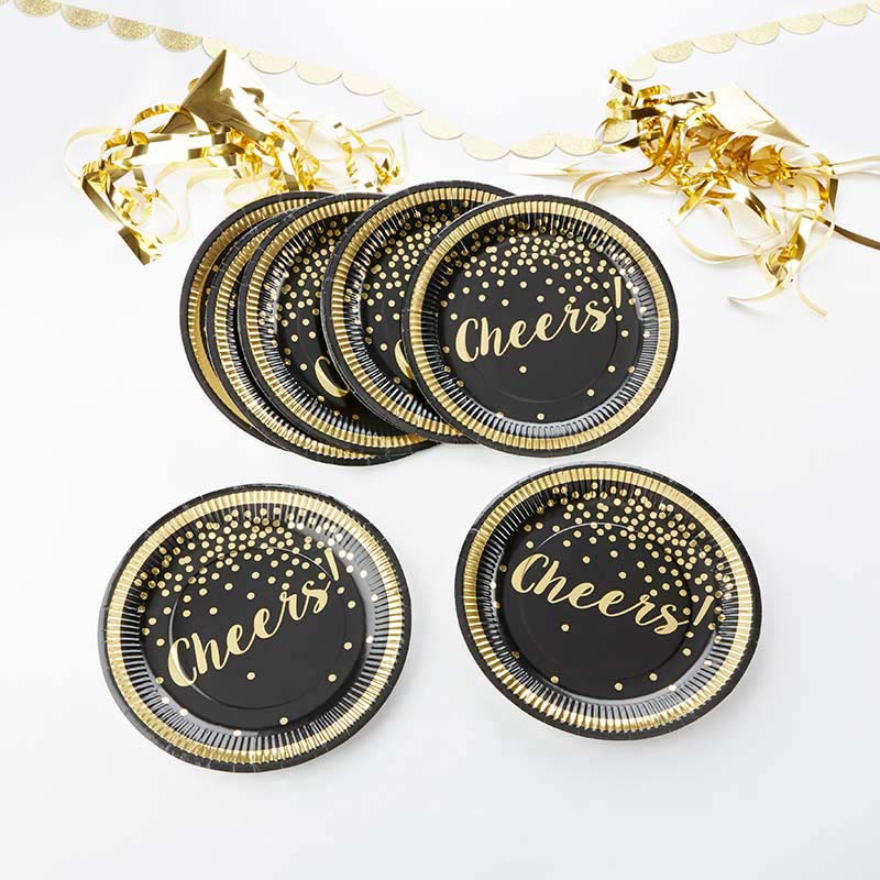 Black and Gold Foil Cheers Plates (8 pk)