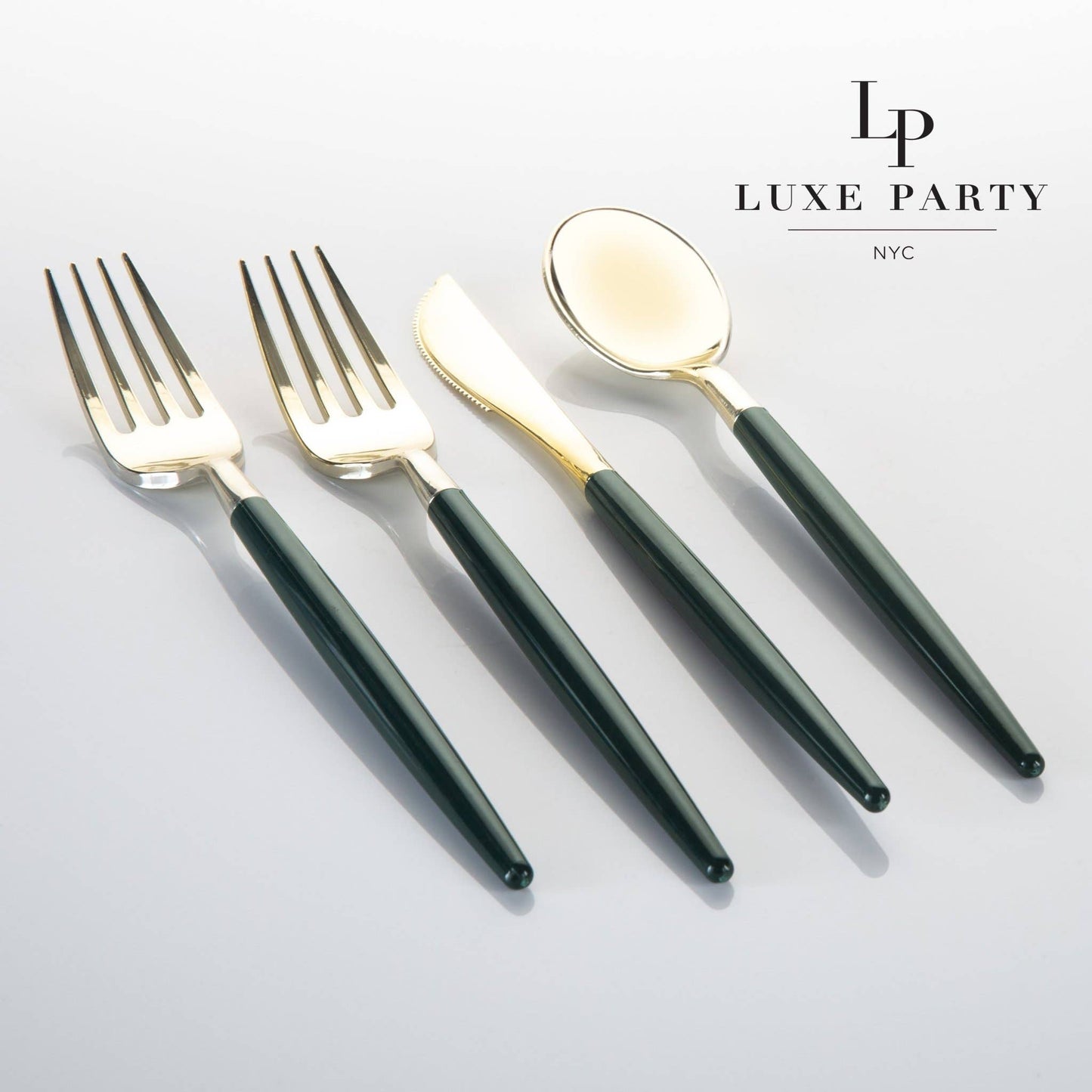 Emerald and Gold Plastic Cutlery Set (Set for 8)