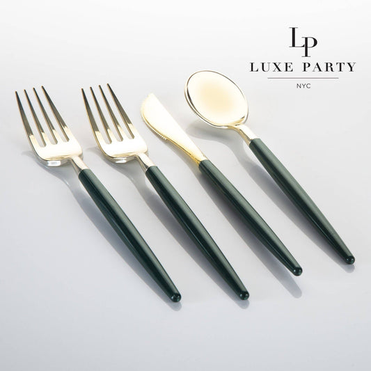 Emerald and Gold Plastic Cutlery Set (Set for 8)