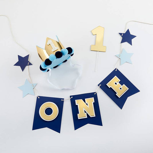 Blue & Gold 1st Birthday Banner, Crown, and Cake Topper Set