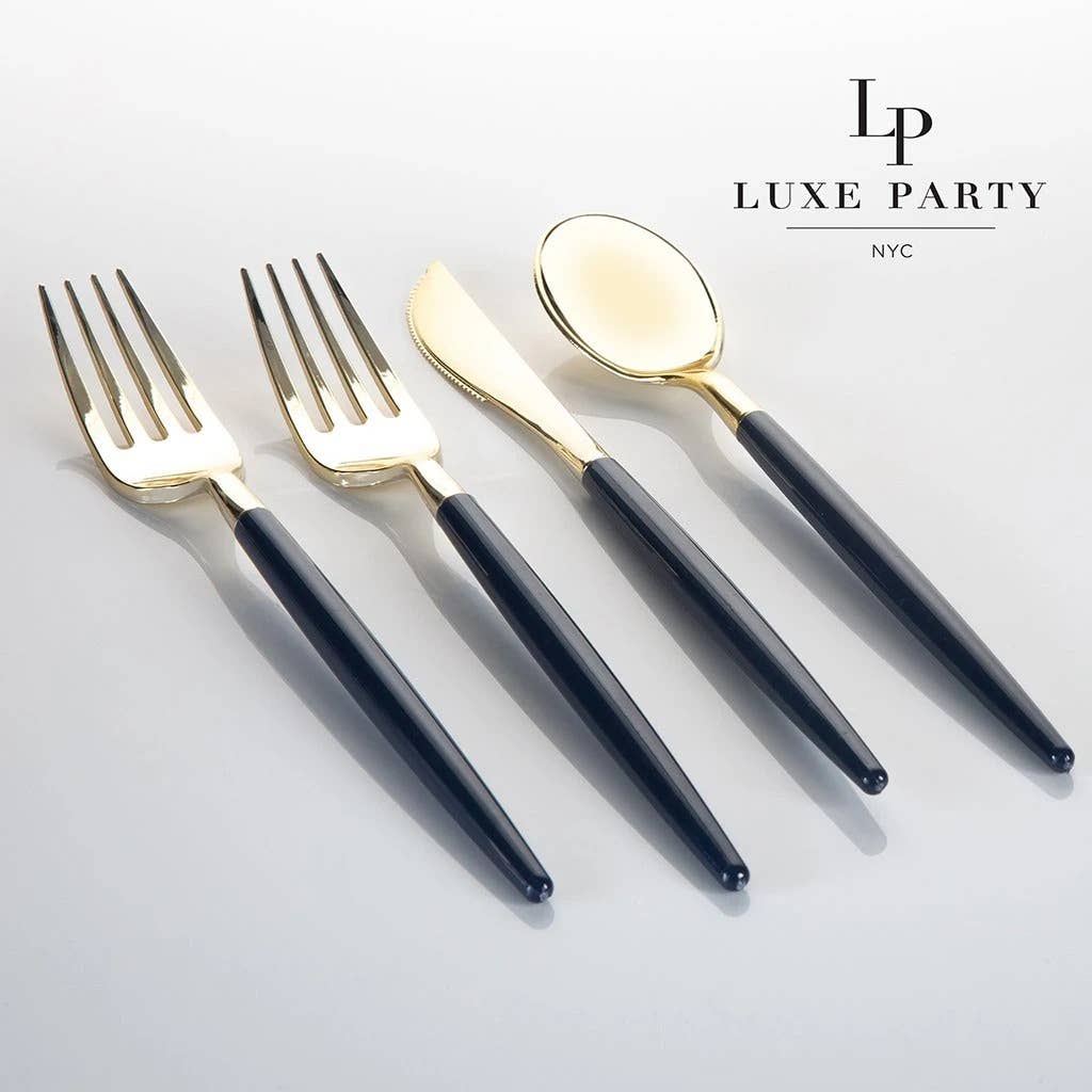 Navy and Gold Plastic Cutlery (Set for 8)