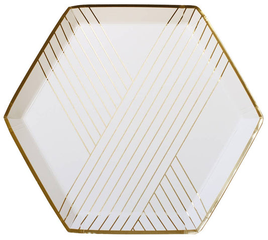 White and Gold Foil Striped Small Paper Plates (8 Pk)