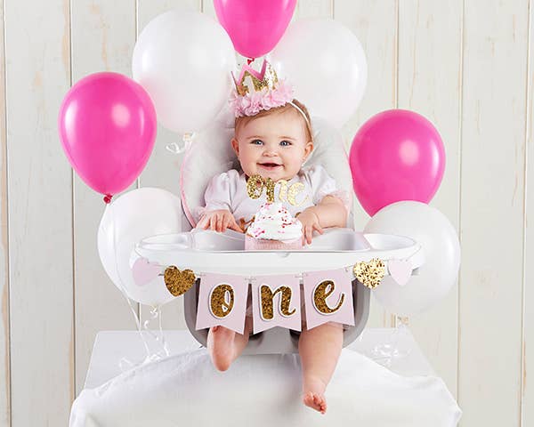 Pink and Gold 1st Birthday Banner, Crown, and Cake Topper Set