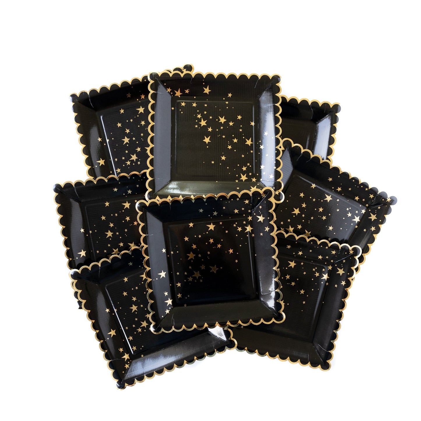 Gold Stars Black Scalloped Plates (8 ct)