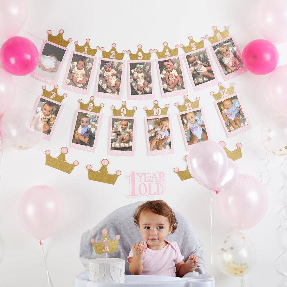 Princess 1st Birthday Photo Banner and Cake Topper Set
