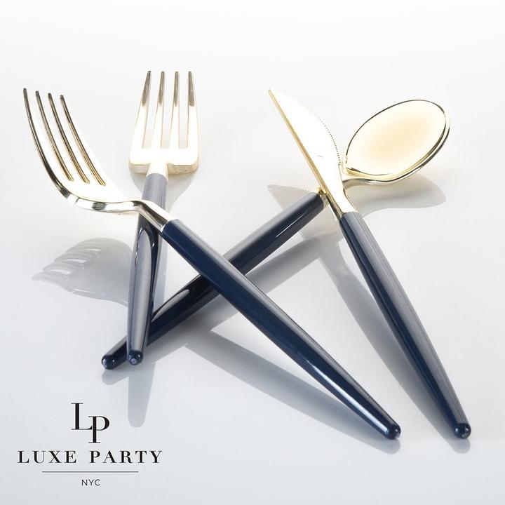 Navy and Gold Plastic Cutlery (Set for 8)